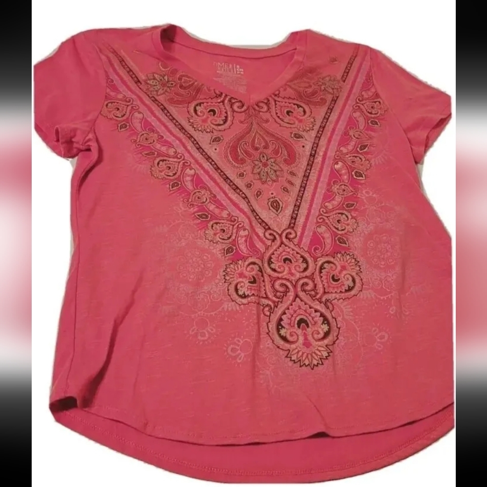 Time and Tru Women's V-Neck T-Shirt with Short Sleeves Pink Size S(4-6)